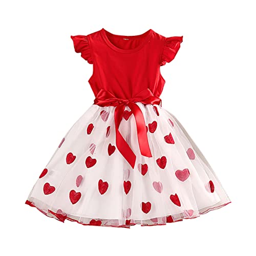 Girls 3 to 7 Years Old Party Dress Heart Print Sleeveless Lace Mesh Princess Dress Pleated Dress for Kids