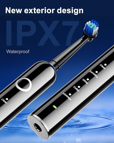 Image of Rotating Electric Toothbrush for Adults, 8 Brush Heads (2 Types) & Travel Case, 5 Cleaning Modes Rechargeable Power Toothbrush with 2-Minute Smart Timer, Black
