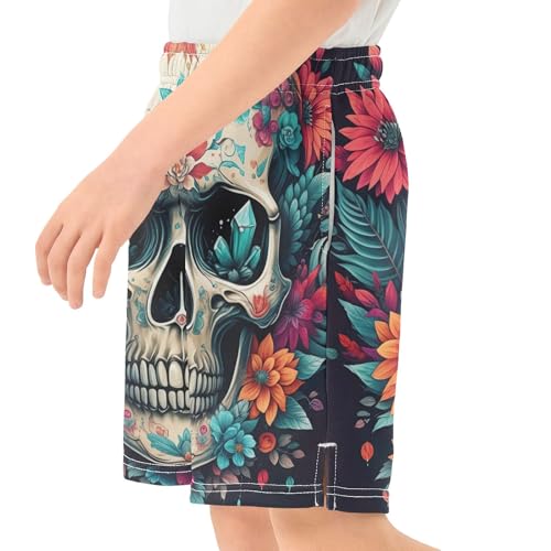 Skull Flowers Youth Boys Outdoor Shorts Elastic Waist Classic Knee-Length Boys Lounge Shorts XS4