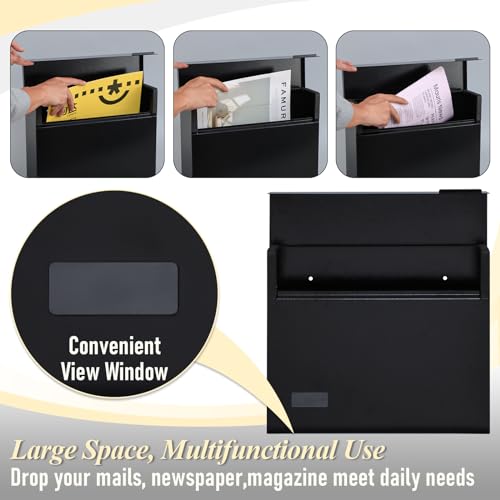 Image of xydled Large Wall Mount Mailboxes for Outside,Hanging Metal Mail Box, Black | Textured Steel Modern Post Box Drop Box for Outdoor House Home, ideal for magazines and mail storage, 14.6''x12.2''x4.1''
