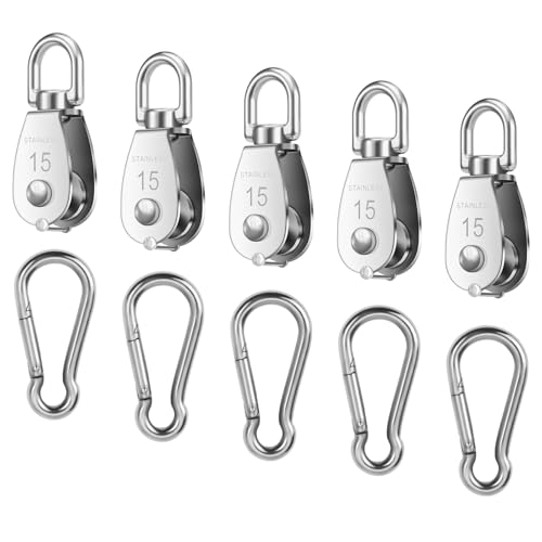 5 PCS 304 Stainless Steel M15 Silver Single Pulley Block Wire Rope Hanging Wire Towing Wheel, Lifting Crane Pulley, with 5 PCS Spring Snap Hook