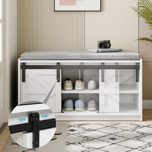Mondeer Shoe Storage Bench, 2-Tier Farmhouse Entryway Bench with Sliding Barn Door Storage Cabinets & Removable Seat Cushion, for Entryway Hallway Bedroom, 90 x 45 x 35 cm, White - Cosy Home Interiors Mondeer Shoe Storage Bench, 2-Tier Farmhouse Entryway Bench with Sliding Barn Door Storage Cabinets & Removable Seat Cushion, for Entryway Hallway Bedroom, 90 x 45 x 35 cm, White - Image 4