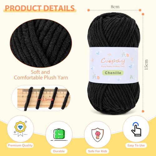 Image of Coopay Chenille Yarn for Crocheting, 8 Pack Medium Weight Yarn - CYC #4 - Total 520yd, Soft Crochet Yarns for Plush Toys, Blankets, Scarves (Black)