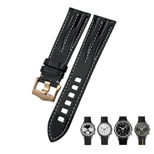 SCRUBY Correa de reloj de cuero genuino, 20mm, 21mm, apta para Omega Seamaster 300 AQUA TERRA Speedmaster, cierre de Pin, correa negra(Rose clasp,20mm)