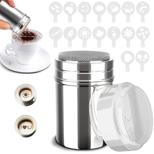 Saupoudreuse à Sucre Glace,1 Pièces Shaker à Poudres en Acier Inoxydable avec 16 Pochoirs à Café Shaker à Cacao Pochoir Cappuccino Pochoir Cafe pour Cacao Epice Poudre Cappuccino Sucre