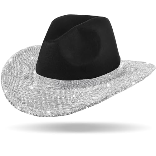 Image of Hercicy Rhinestone Cowboy Hat with Diamond Fringe CowHat for Cosplay Wedding circumference between 21.5 and 23.5 inches