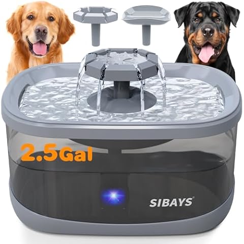 SIBAYS 2.5GAL/9.5L Dog Water Fountain for Large Dogs, 3 Flow Modes Large Pet Water Fountain for Cats, Automatic Dog Water Bowl Dispenser with 7" Large Filter & Smart LED Pump, Quiet, BPA-Free Material Cover