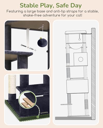 Image of Globlazer Heavy Duty Cat Tree, 74in Sturdy Cat Tower for Large Cats Adult, Big Cat Tree with 7 Sisal Scratching Posts, 2 Padded Condos, 2 Dual-Ear Hanging Baskets, Enlarged Top Perch, S74, Dark Grey