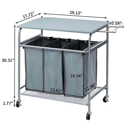 Alimorden Laundry Sorter With Ironing Board Iron Rack Rolling Laundry Basket With Side Pull 3-Bag Heavy-Duty Laundry Room Organizer Clothes Hamper With 4 Wheels And Lid Blue Grey #TOP3