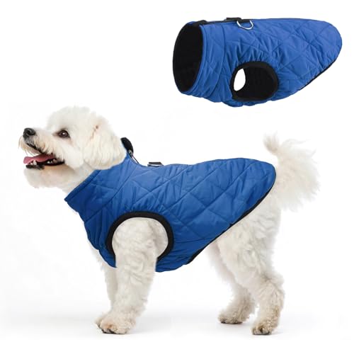 Image of SCENEREAL Winter Dog Vest Coat with Harness Built in for Small Medium Dogs | Warm Puppy Jacket, Cold Weather Coat with Zipper, Fleece Puffer Vest Windproof Snow Clothes, Blue M