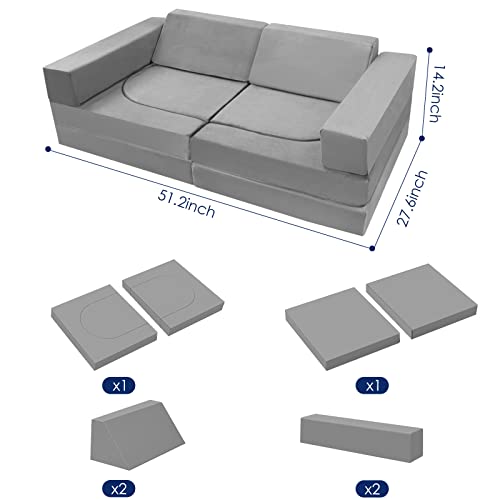 Memorecool 10-Piece Kids Couch Sofa, Modular Toddler Couch For Playroom Bedroom, Fold Out Couch Play Couch For Kid Girl Boy, Kids Convertible Sofa Sectional Foam Playset Couch Set, Grey #TOP2