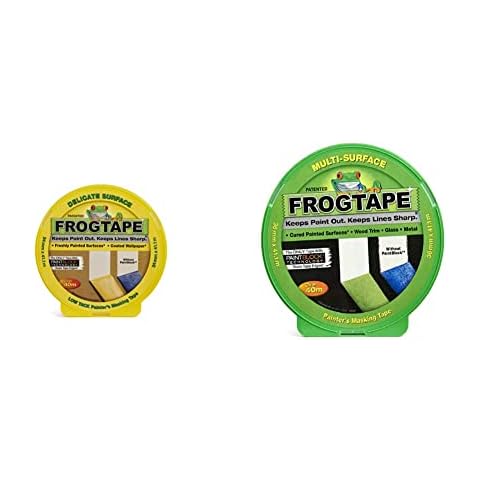 Frog Tape Yellow Delicate Surface Painters Masking Tape 24mm x 41.1m. Indoor painting and decorating for sharp lines and no paint bleed & Green Multi Surface Painters Masking Tape Cover