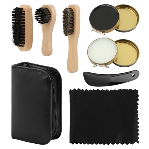 MOVKZACV Lot de 8 brosses à chaussures, cirage et kit d'entretien en cuir pour cuir lisse et daim, nettoyant pour chaussures, entretien des chaussures, brosse à chaussures avec brosses en crin de