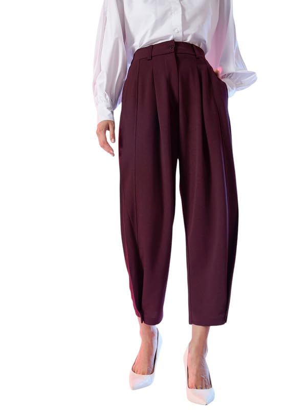 Image of SASSAFRAS Burgundy Button Hem Darted Balloon Pants