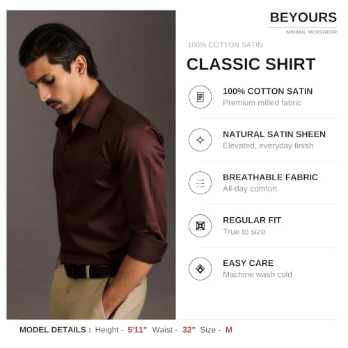 Image of BEYOURS Men's Full Sleeve Shirt Regular Fit Spread Collar 100% Cotton Satin Office & Formal.