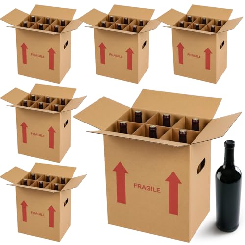 Image of Tatuo 5 Pack Wine Box for Moving, 6 Bottle, with Divider, 13 x 11 x 8 in | Liquor Shipping Packing Box Bulk, Corrugated Cardboard, Reinforced Bottom, Break Resistant, Heavy Duty, Cellar Storage