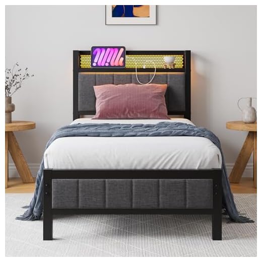 BORPHOM Single Bed Frames with Storage Headboard and Charging Station/LED Lights,Heavy Duty Metal Bed Frame Single No Box Spring Needed,Solid Bedstead Base/Strong Steel Slats Support/Grey