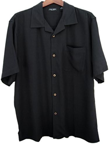 Mens Solid Black Silk Camp Shirt Casual (Medium)