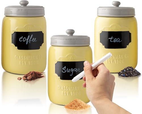 Comfify Mason Jar Ceramic Canister Set for Kitchen - Set of 3 Decorative Storage Containers with Air-Tight Lids for Coffee, Sugar - Country Style Storage w/Reusable Writable Surface - 12.85oz/Canister