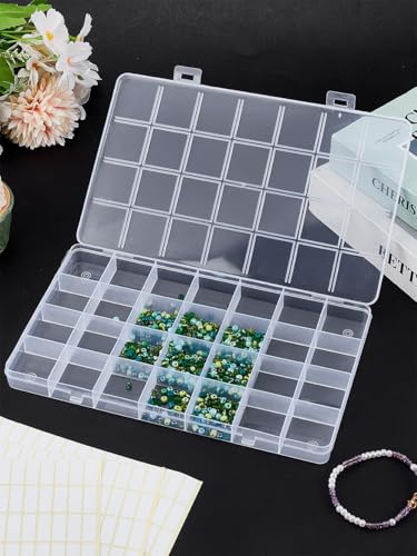 1 caixa organizadora transparente de 28 grades, recipientes retangulares transparentes com 3 folhas de adesivos de papel em branco, estojo pequeno de armazenamento de artesanato para joias, arte faça