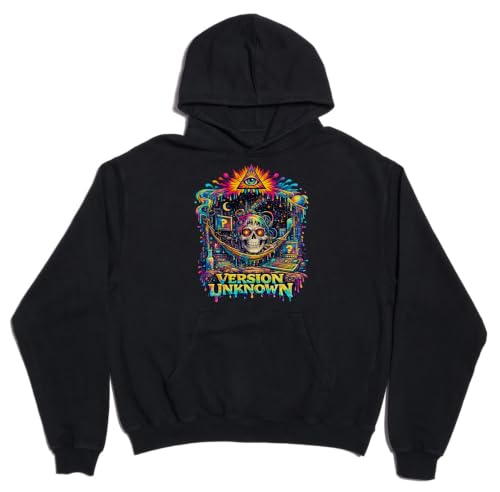 Image of Psychedelic Skull With Cosmic Symbols Unisex Oversized Heavyweight Cotton Blend Hoodie Black Large