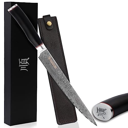 YOUSUNLONG Couteau à fileter 24,5 cm Pro Sashimi couteau - gaucher - manche damassé japonaise en - ébène naturel avec étui en cuir