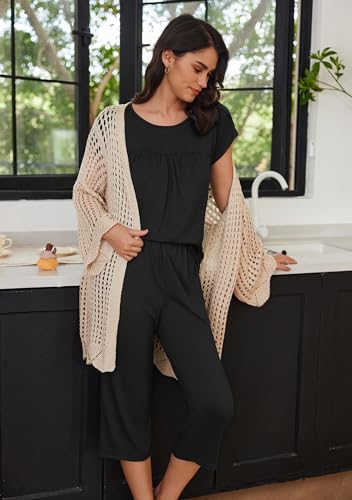 Image of Ekouaer Women's Capri Pajama Set Short Sleeve Mumu Pjs Pleated Top Capri Pants with Pockets Sleepwear Lounge Set