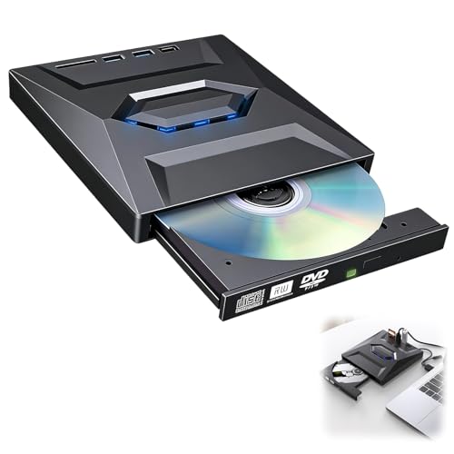 Linyuant External Blu-ray Drive Portable BD/DVD/CD Burner Writer Reader with USB Hub & SD/TF Card Reader with 3 USB Ports Hub & SD/TF Card Readers, 6X Blu-ray Optical Drive for Laptop Desktop