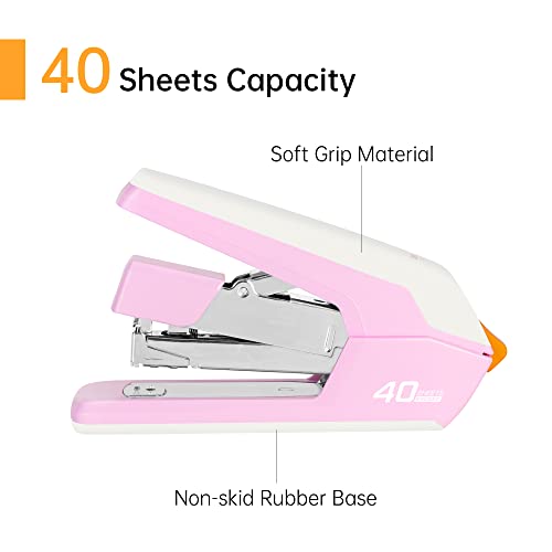 Deli Effortless Desktop Stapler, Heavy Duty Stapler, 40 Sheet Capacity, One Finger, No Effort, Includes Staples & Staple Remover, Pink #TOP4