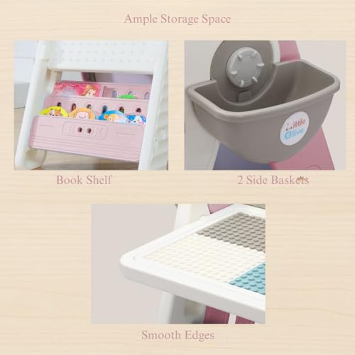 Image of Little Olive 3 in 1 Kids Activity Table and Chair Set with Drawing Board and Easel | Pink Convertible Study Desk for Children | DIY Space Saving Learning Station for Toddlers Ages 3 to 7 Years