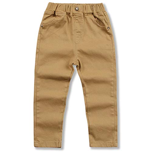 BINIDUCKLING Boy's Uniform Pants Straight-fit Chino Pants Elastic Waistband Pull On School Trousers for Boys(Khaki,110/4T)