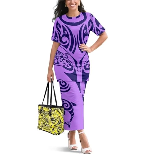 Image of Puletasi Samoan Traditional 2 Piece Outfits for Women Short Sleeve Crop Top and Maxi Skirt Sets Puletasi Dress