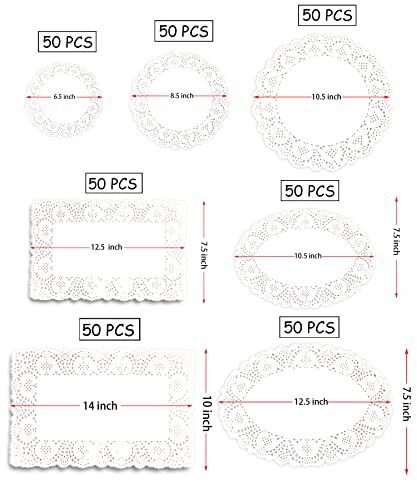350 Pcs Disposable Doilies Paper Lace Assorted Size Food Grade Decorative Placemats Add Elegance To Serving Tray Plates, Coffee, Cake, Desert, Table, Tableware Decoration (Round Rectangle Oval White) #TOP2