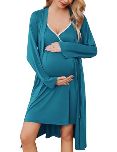 Image of Ekouaer Nursing Nightgown Maternity Robe Set Teal XL