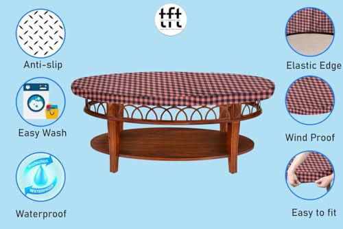 Image of The Furnishing Tree Elastic Oval Center Table Cover WxL 16x48 in Inches Polyester Checkered Pattern Beige