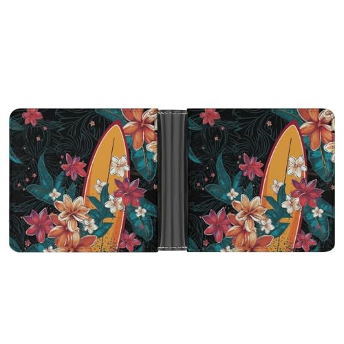 Men's Leather Wallet Bifold Wallet for Men Surfboard And Flowers Slim Wallet with Multiple Card Classic Passcase Mens Card Holder
