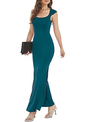 Image of Womens Summer Cap Sleeve Square Neck Elegant Casual Lounge Bodycon Slim Maxi Evening Party Long Dress
