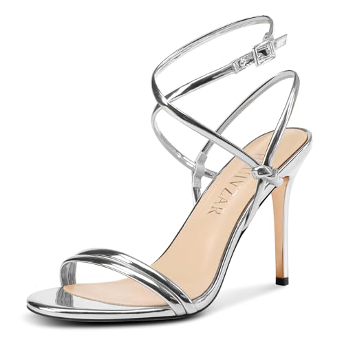 HEUIVZAR Womens Strappy Lace-up Stiletto High Heel Sandals Open Toe Ankle Strap Slingback Party Sexy Dress Shoes Patent Leather 3.9 Inches Heels