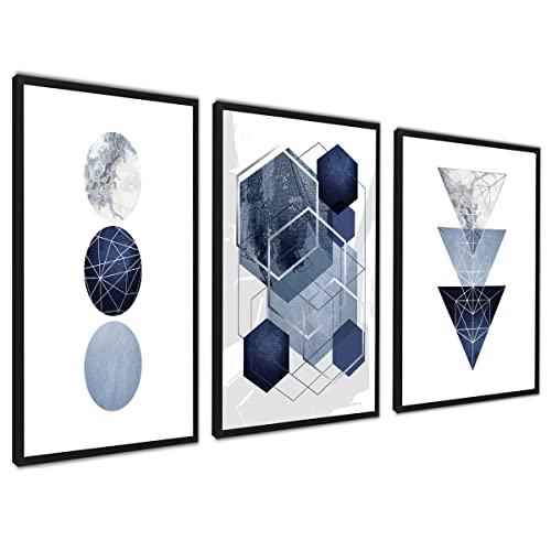 ag.art deco Cuadros Modernos Salón 50 x 70 cm | Póster de pared | Cuadros Dormitorio o Salón | Juego de 3 impresiones de pared sin marco (Azul/Plata)
