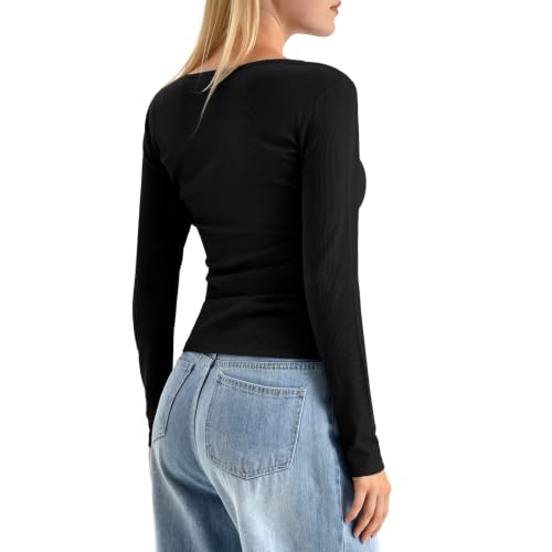 Walifrey Women's Long Sleeve Henley Shirts Ribbed Knit - image 3