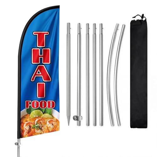 QSUM 8FT Thai Food Feather Flag with Pole Outdoor Thai Restaurant Advertising Banner Polyester Fabric Stainless Steel Pole Kit with Ground Spike Carry Bag for Street Food Promotion