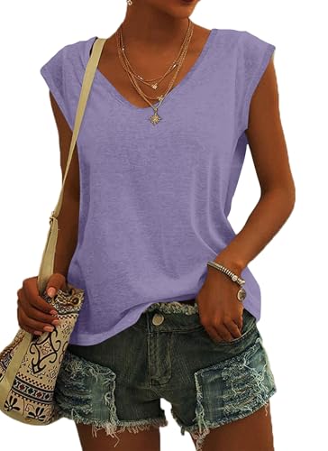 NARRAME T-Shirt à col en V et Manches Cape pour Femme, débardeur d'été décontracté, Coupe Ample Uni Violet X-Large XL 46-48