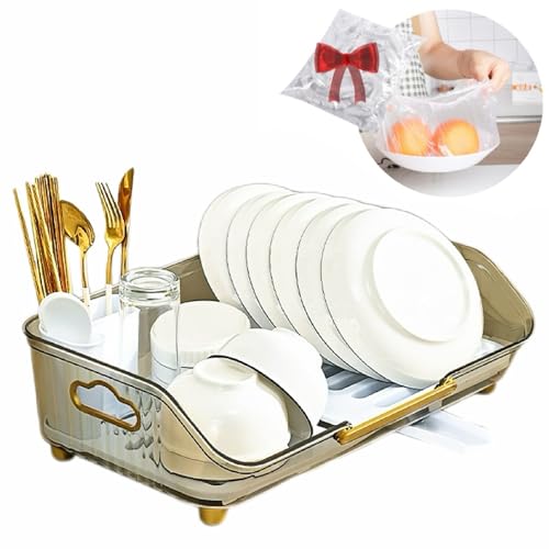 Large Gray Dish Drying Rack with Drainboard - Plastic Dish Rack for Kitchen Counter 17" L x 11" W x 6" H Efficient Dish Drainer and Preservation Film Holder