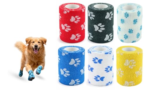 Image of Dog Bandage Cohesive Wrap for Paw & Leg | 7.5cm x 4.5m - Pack of 6 | Easy Tear, Fur Safe | Self Adhesive Elastic Vet Tape for Walking Protection, Wound Care & Licking Prevention Bandage Roll