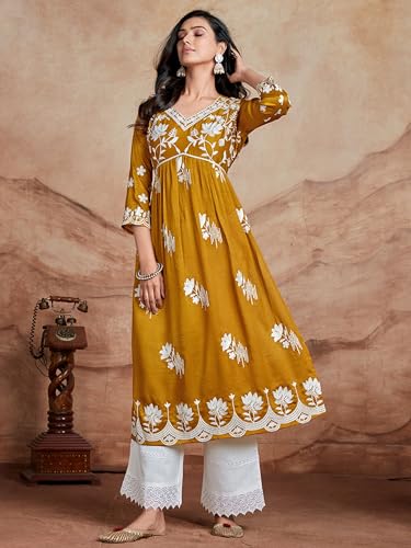 Image of EthnicJunction Women's Silk Blend Regular Fit Chikankari Embroidered Naira Cut Kurta