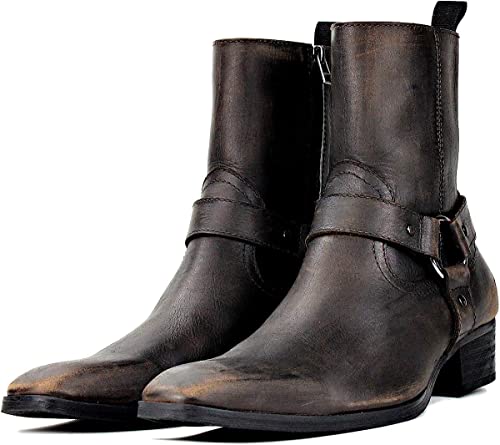 Osstone Men Chelsea Ankle Boots Leather Chukka Motorcycle Boots With Side Zipper Heel Retro Dress Boots Jy017 Vintage Brown 10 #TOP2