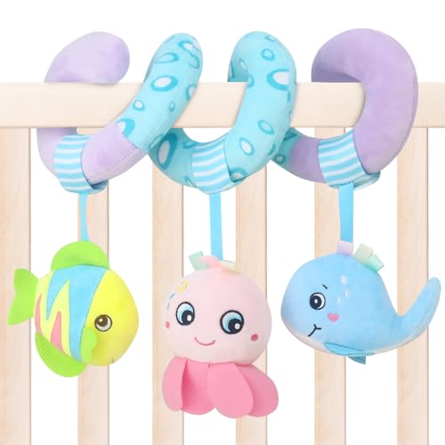 Image of Caterbee Baby Stroller Toy, Activity Spiral Plush bar Toy Accessories, Car Seat Toys with Bell for boy or Girl 0 Months+ (Ocean)
