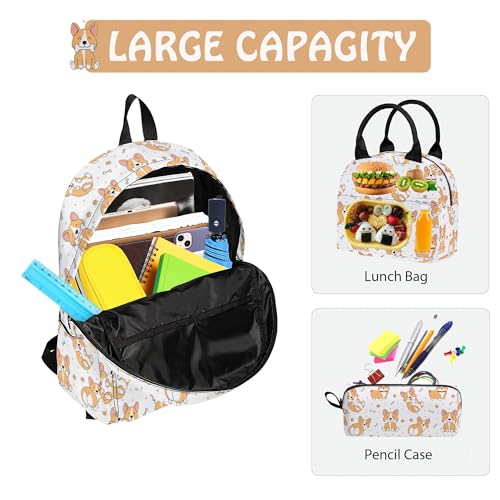 Corgi Cute 3PCS Backpack Set for Teens Elementary Middle High School, 17 Inch Lightweight Classic Bookpack 3 in 1 Set for Girls Boys, Kids Back to School Backpack with Lunch Box Pencil Case3