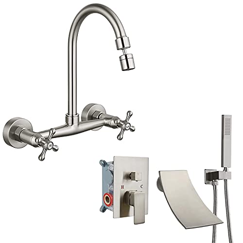 Airuida Brushed Nickel Wall Mount Kitchen Faucet With Sprayer 8 Inch Center Double Cross Handles Matching With Wall Mount Bathtub Faucet Brushed Nickel With Handheld Shower Sprayer Waterfall Spout #TOP22
