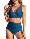 Tuopuda Conjuntos de Bikinis para Mujer Traje de Baño de Cuello en V Tallas Grandes Dos Piezas Conjunto Bañador Control de Vientre de Cintura Alta Bikini de Playa Verano(Verde Pavo Real,L)
